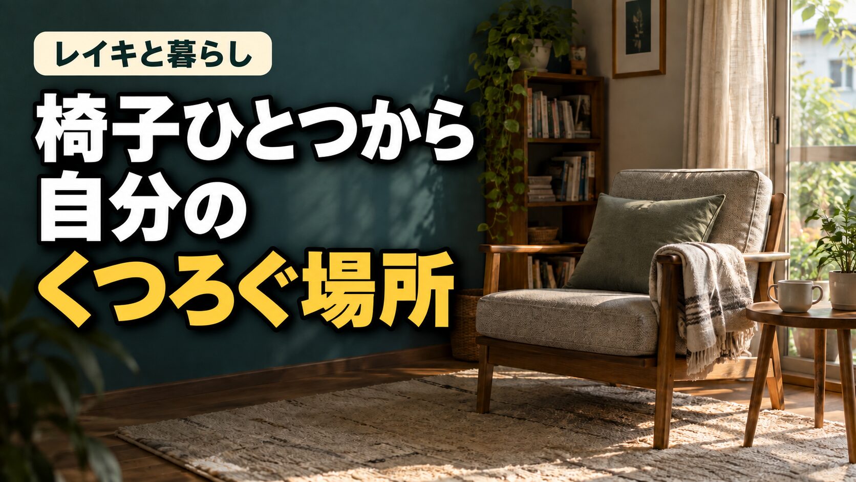 窓辺の椅子と小さなテーブル、左側に「椅子ひとつから自分のくつろぐ場所」の文字。