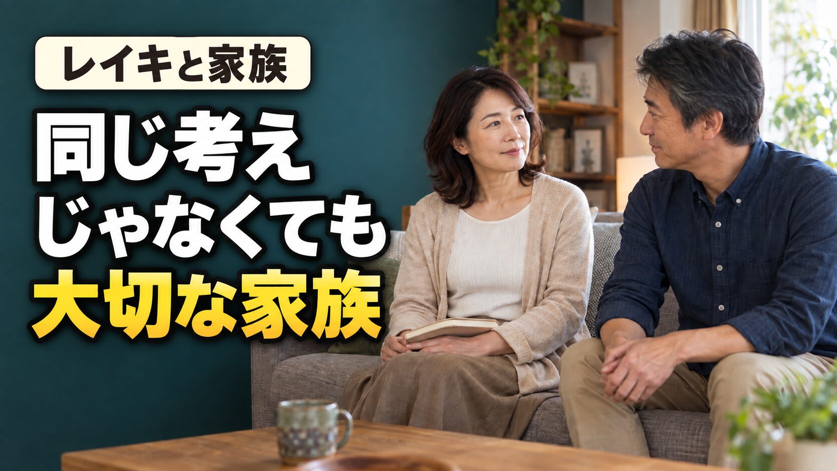 ソファで穏やかに話す二人と「同じ考え じゃなくても 大切な家族」の文字。