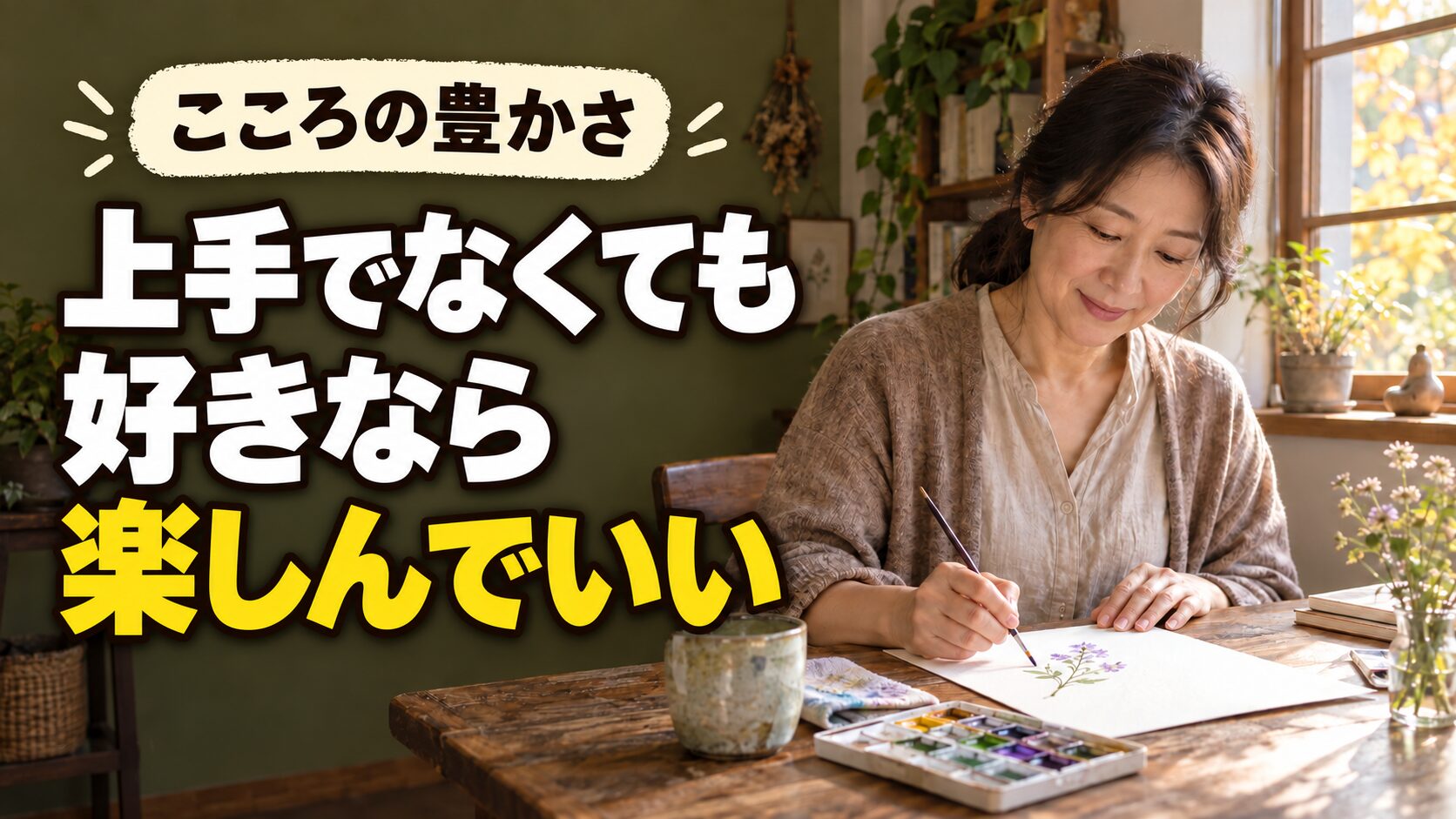窓辺で花の水彩画を描く女性と「上手でなくても好きなら楽しんでいい」の文字。
