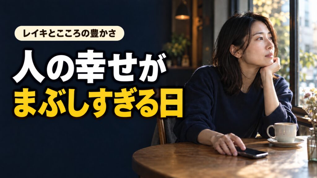 スマートフォンから目を離して窓を見つめる女性と「人の幸せがまぶしすぎる日」の文字。