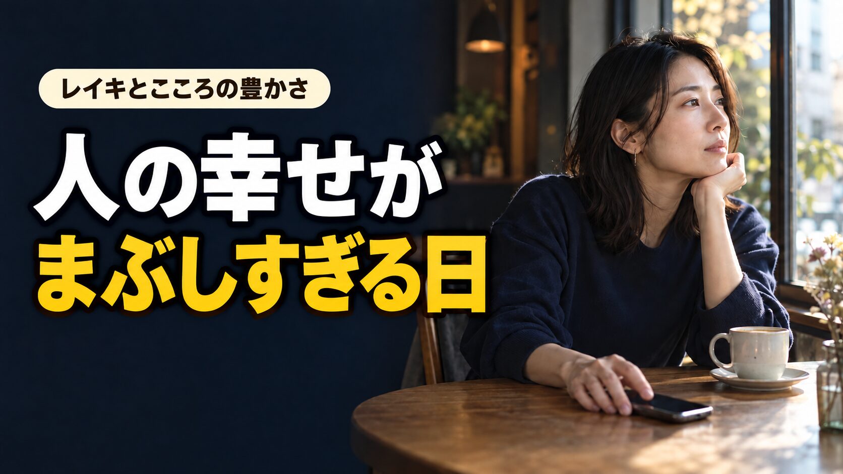 スマートフォンから目を離して窓を見つめる女性と「人の幸せがまぶしすぎる日」の文字。