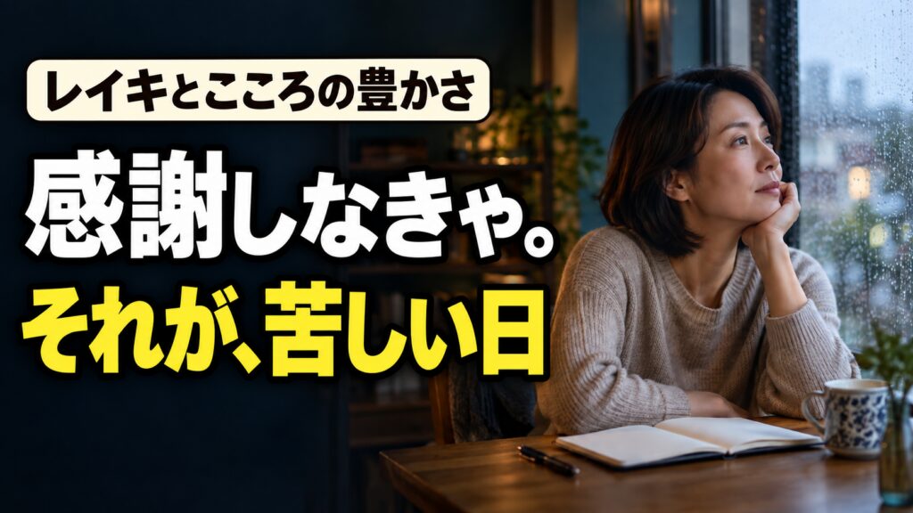ノートの前で考える女性と「感謝しなきゃ。それが、苦しい日」の文字。