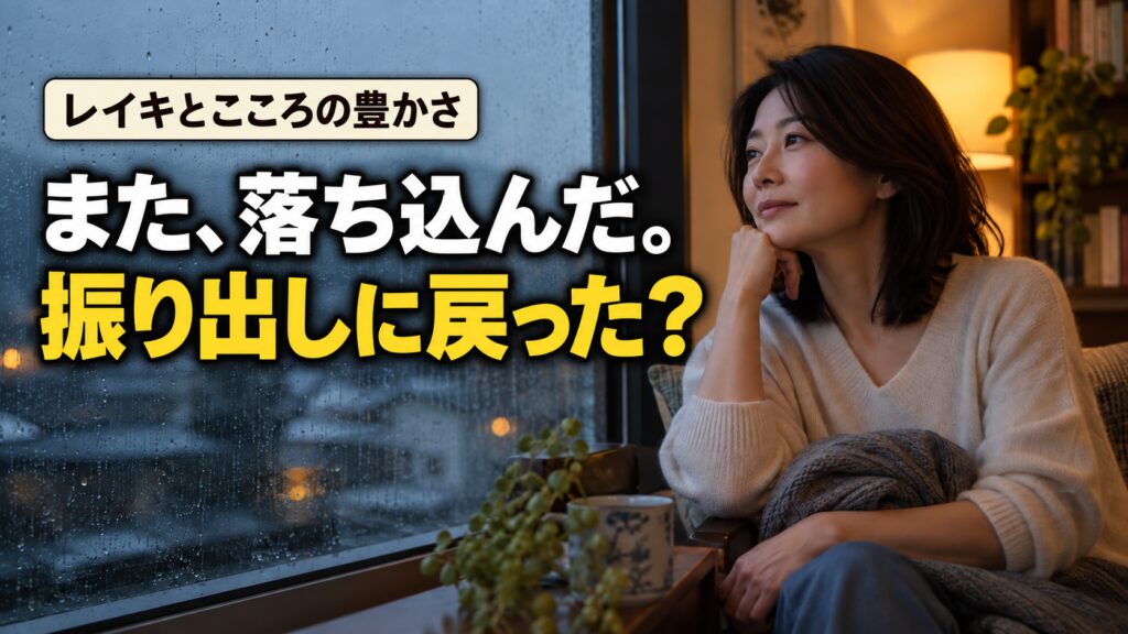 雨の日に窓辺で考える女性と「また、落ち込んだ。振り出しに戻った？」の文字。