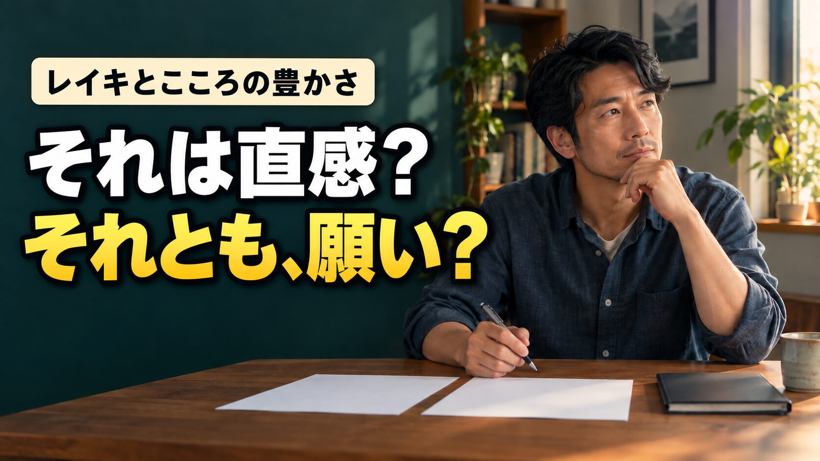 机で考えを整理する男性と「それは直感?それとも、願い?」の文字。