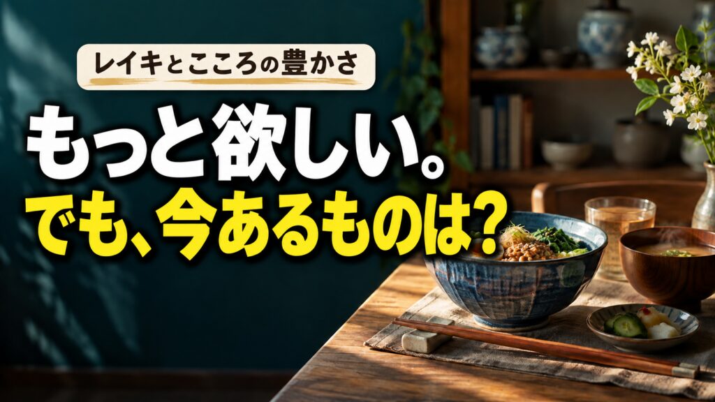 お気に入りの器と食事と「もっと欲しい。でも、今あるものは？」の文字。