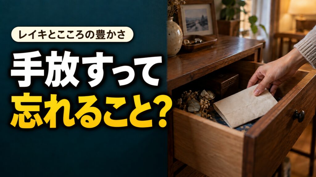 手紙を引き出しへしまう手と「手放すって忘れること？」の文字。