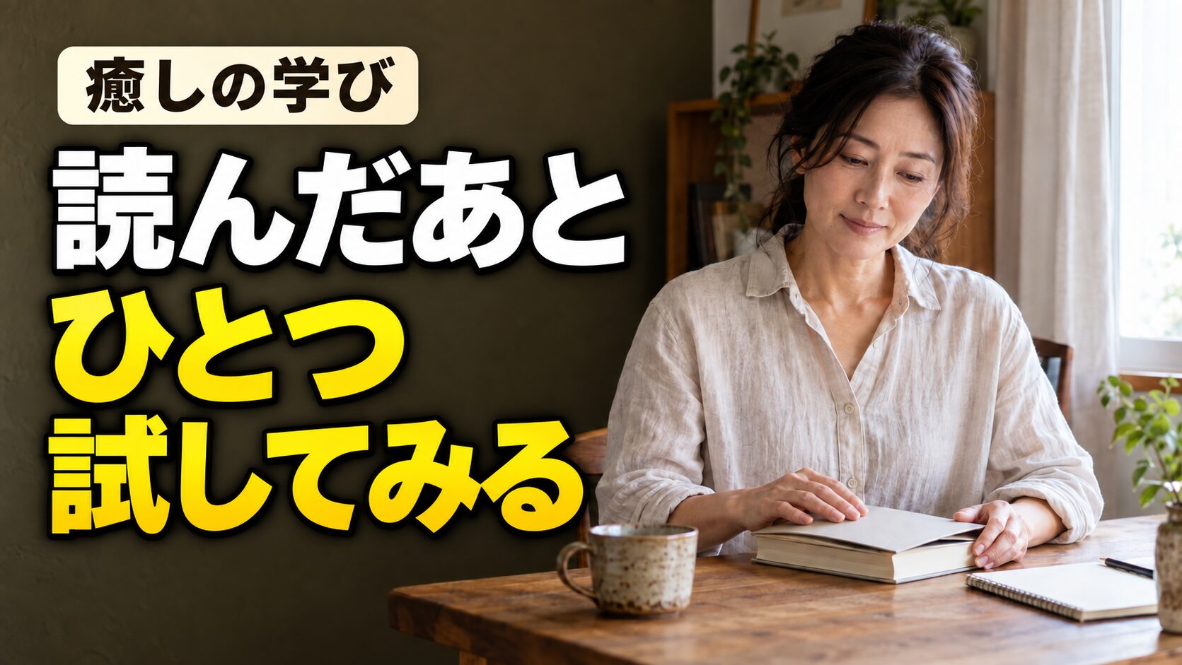 テーブルで本を閉じる女性と「読んだあと ひとつ 試してみる」の文字。