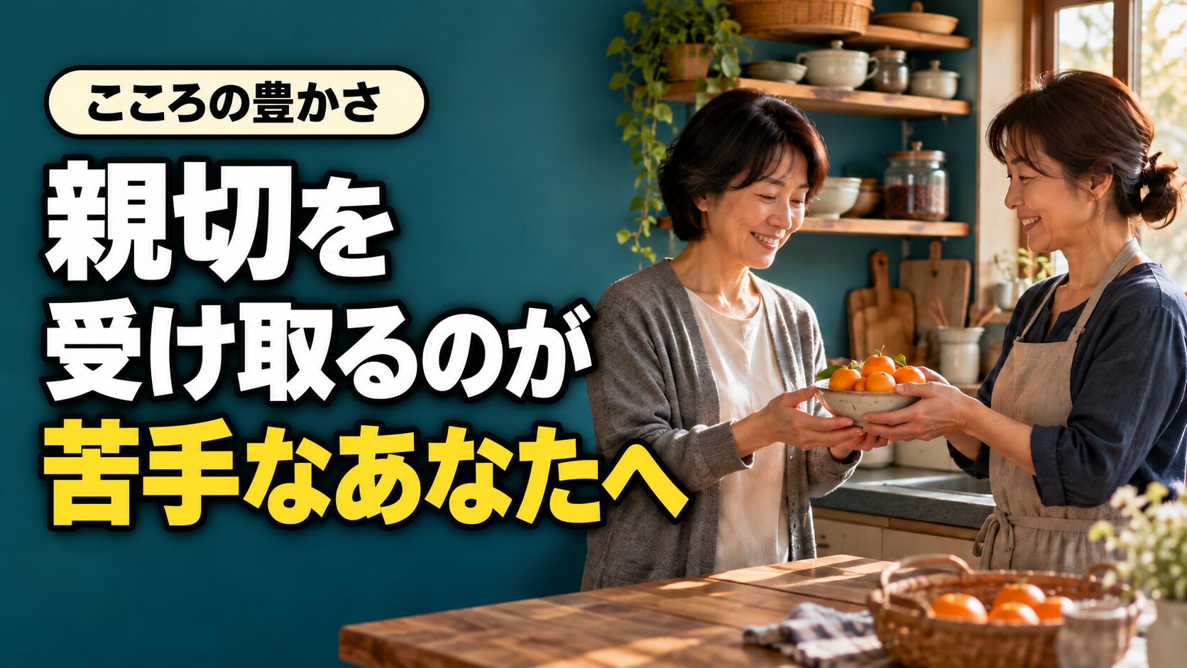 みかんの入った器を手渡す二人の女性と「親切を受け取るのが苦手なあなたへ」の文字。