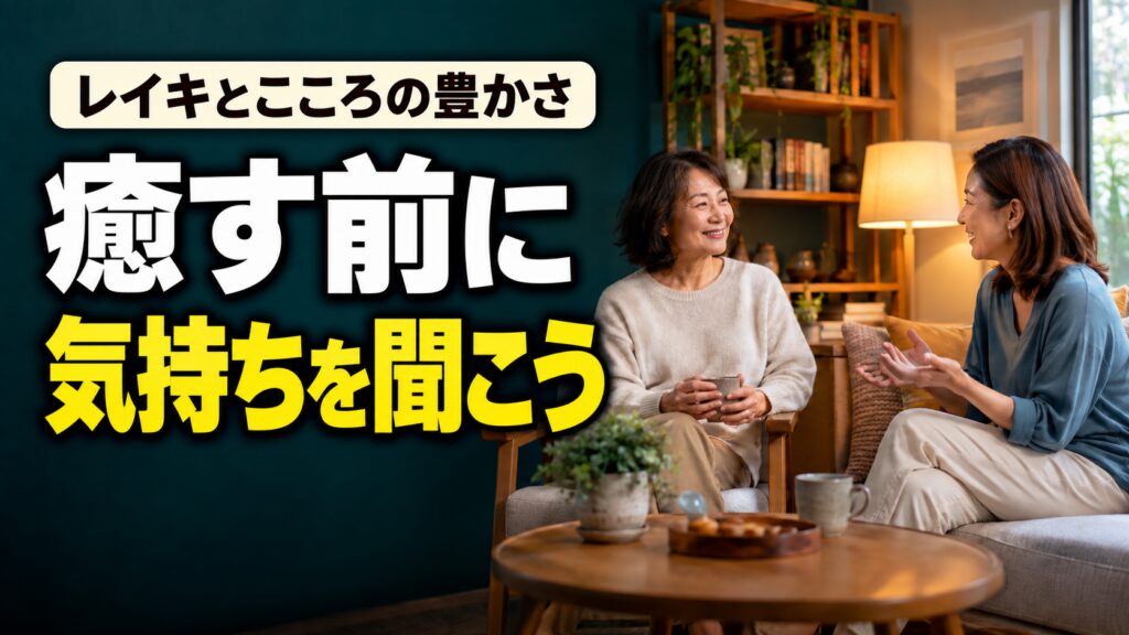穏やかに向き合って話す二人と「癒す前に気持ちを聞こう」の文字。