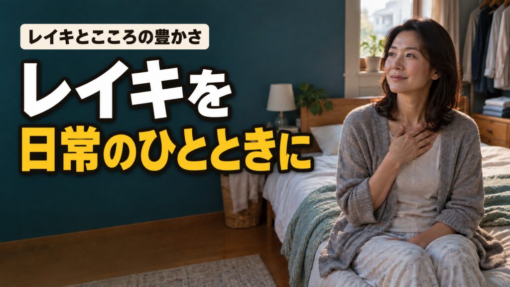 日常の部屋で胸に手を当てる女性と「レイキを日常のひとときに」の文字。