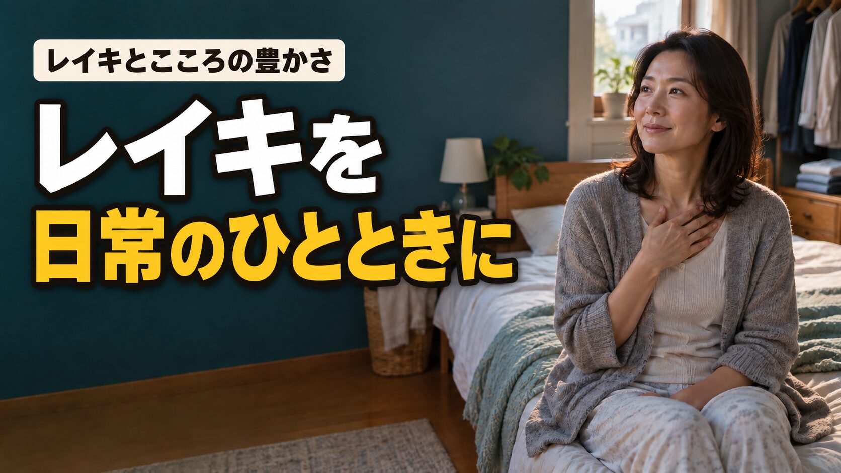 日常の部屋で胸に手を当てる女性と「レイキを日常のひとときに」の文字。