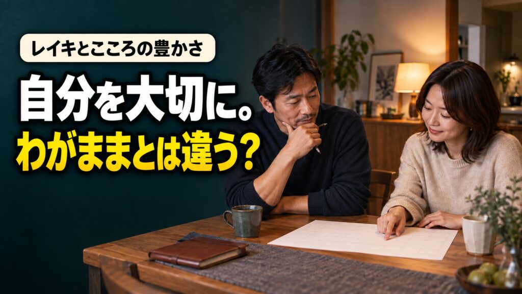 予定を相談する二人と「自分を大切に。わがままとは違う？」の文字。