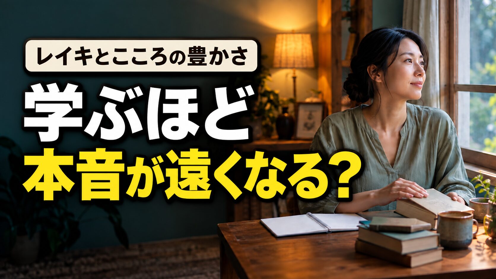 本を閉じて窓を見つめる女性と「学ぶほど本音が遠くなる?」の文字。